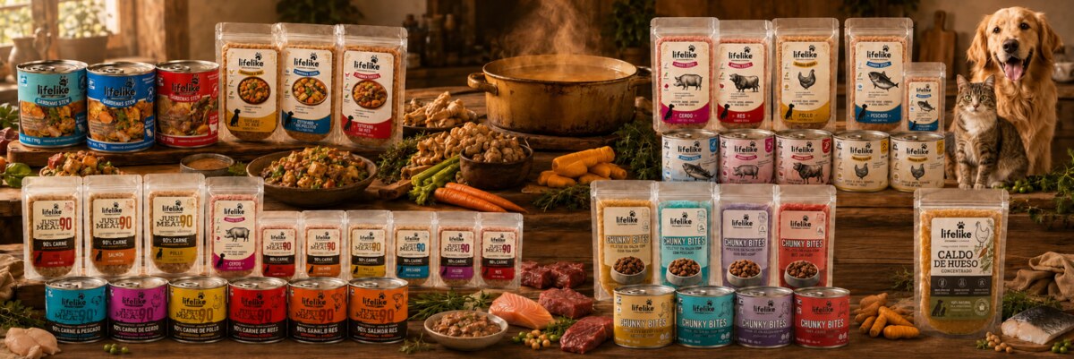 Línea completa de Lifelike: latas, pouches y filetes para perros y gatos